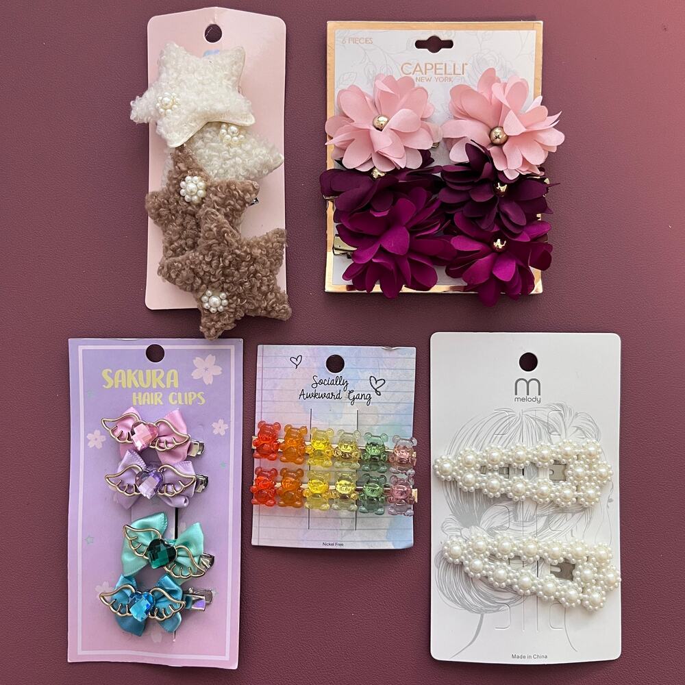 Hair Clip Lot Capelli Flowers Jewel Wings Gummy Bears Pearls & Stars